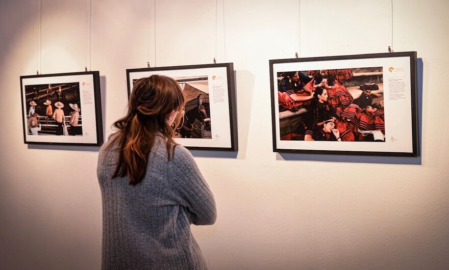 Посетительница на выставке победителей Международного конкурса фотожурналистики имени Андрея Стенина в художественной галерее Cascina Roma в Сан-Донато-Миланезе.